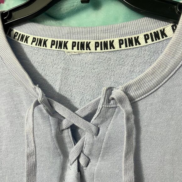 VS PINK Tropical Floral Lace Up Varsity Crew Sweater Long Sleeve Blue Large - Picture 5 of 5